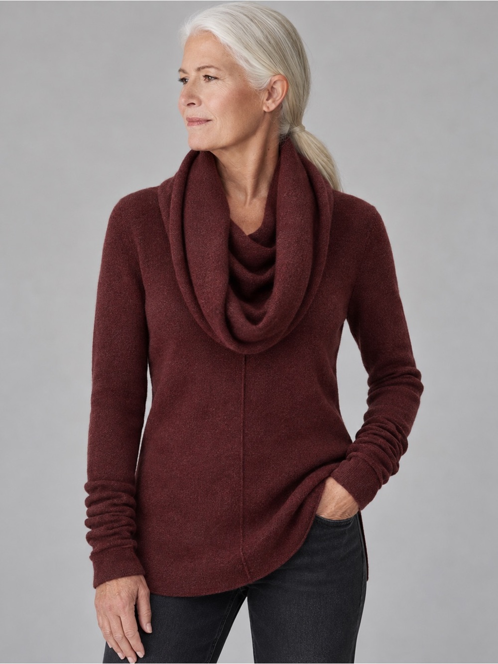 Qi Cashmere Marled Cowl Neck Ruched Sleeve Tunic Sweater Maroon S